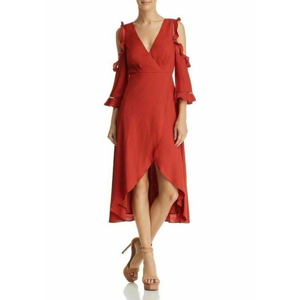 NWT - Aqua Cold Shoulder Ruffle Dress Burnt Orange High Low Wedding Guest Fall - Picture 2 of 10